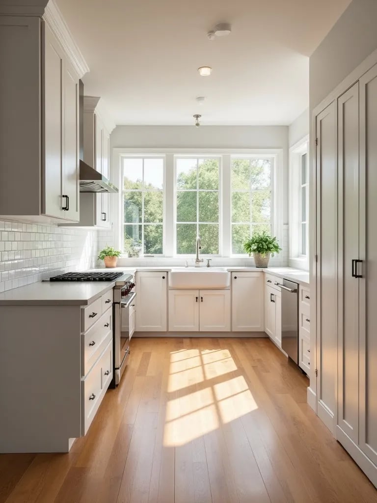 Spacious farmhouse kitchen with warm hardwood floors and white cabinets