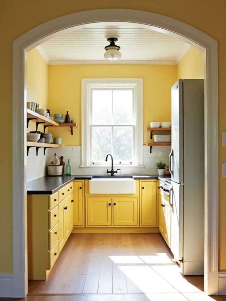 Sun filled farmhouse kitchen featuring yellow walls and white accents