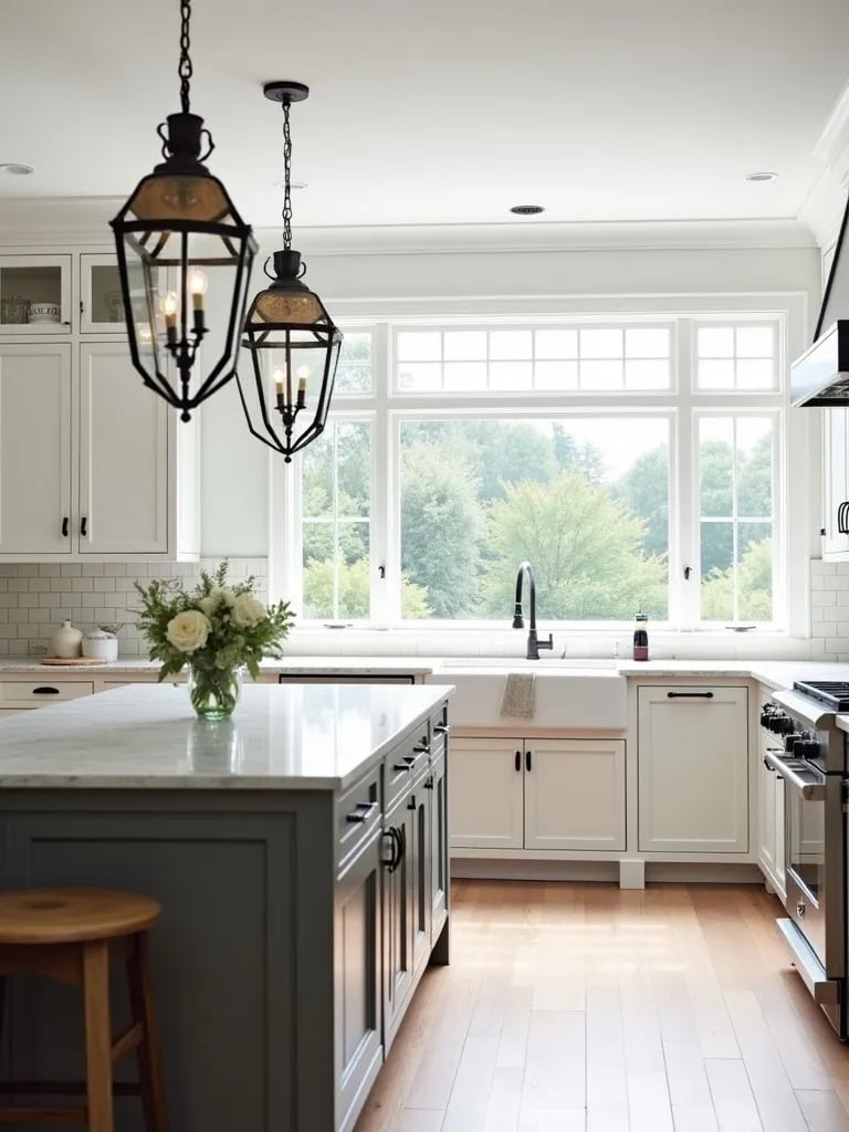 Sunlit farmhouse kitchen featuring picture window and large lantern pendants over island