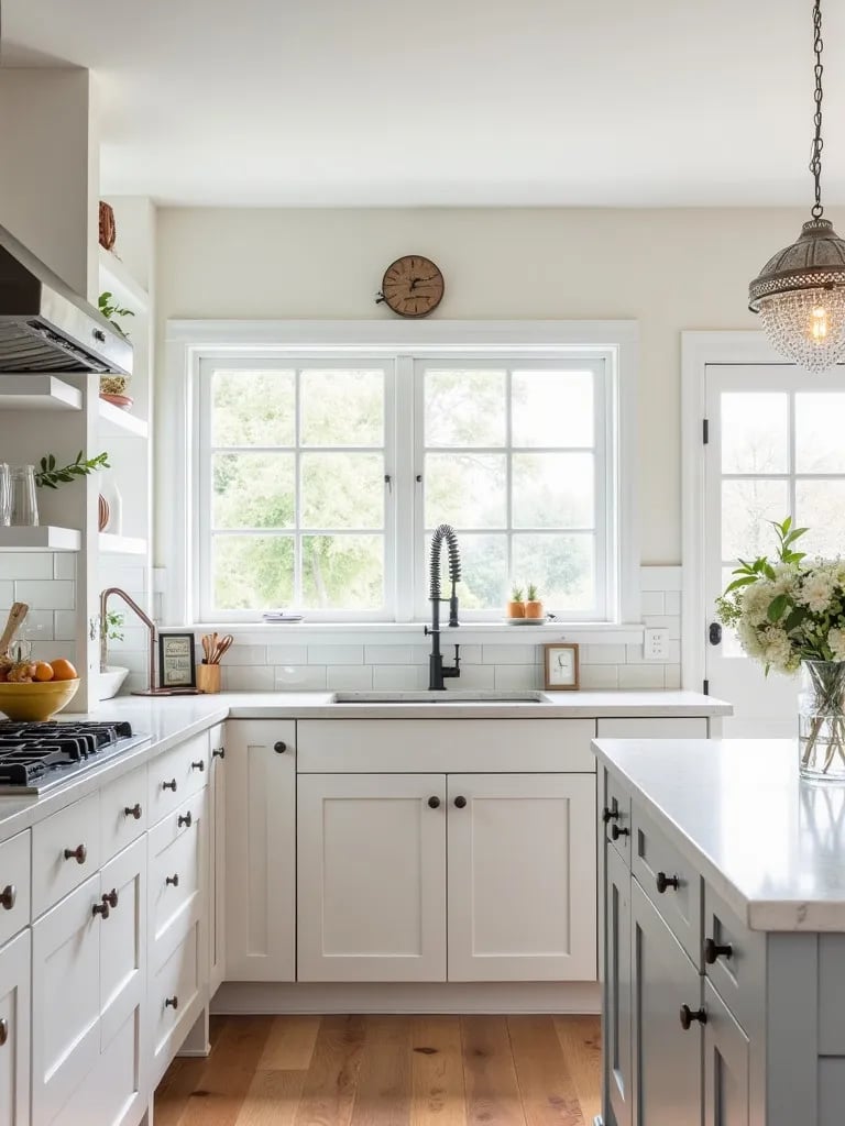 White farmhouse kitchen featuring industrial sconces and elegant crystal chandelier