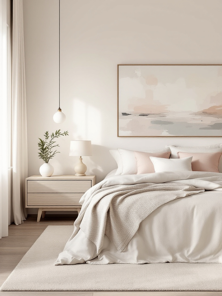 An elegant bedroom interior with light beige walls and neutral bedding, designed to create a cohesive and tranquil look.
