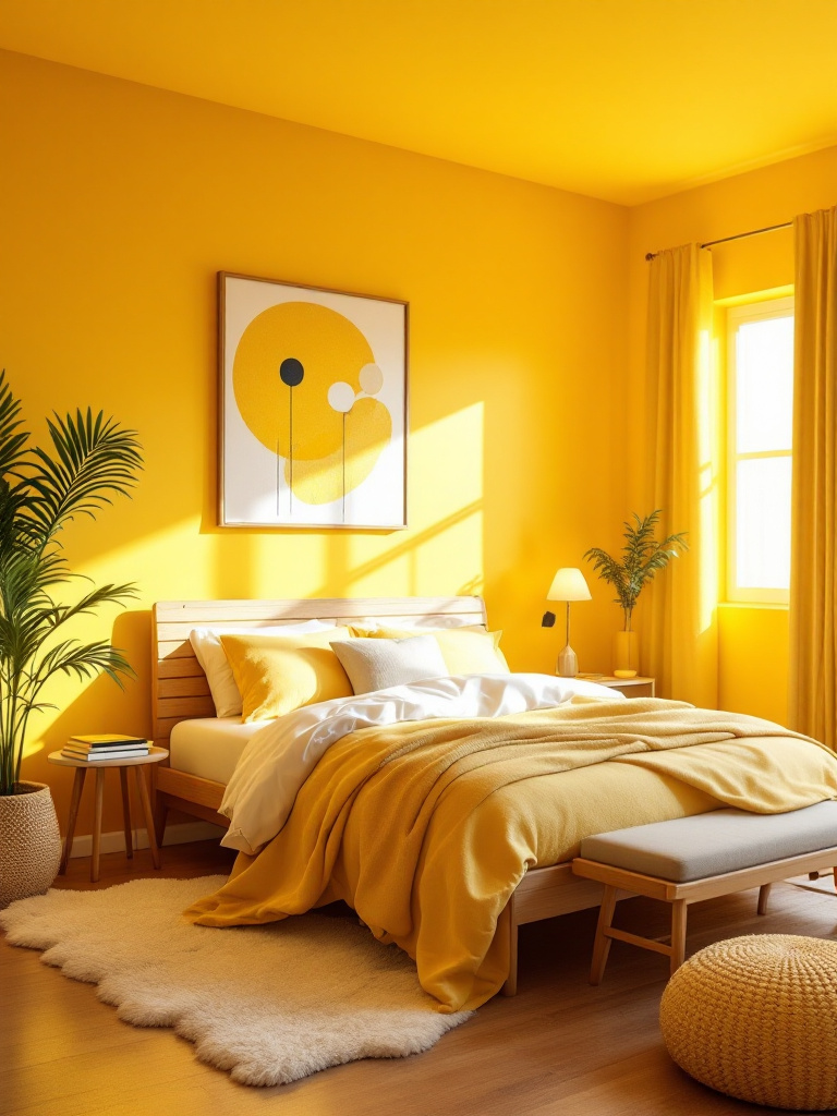 A bright and cheerful bedroom with walls painted in a soft, golden yellow that radiates warmth and positivity. 