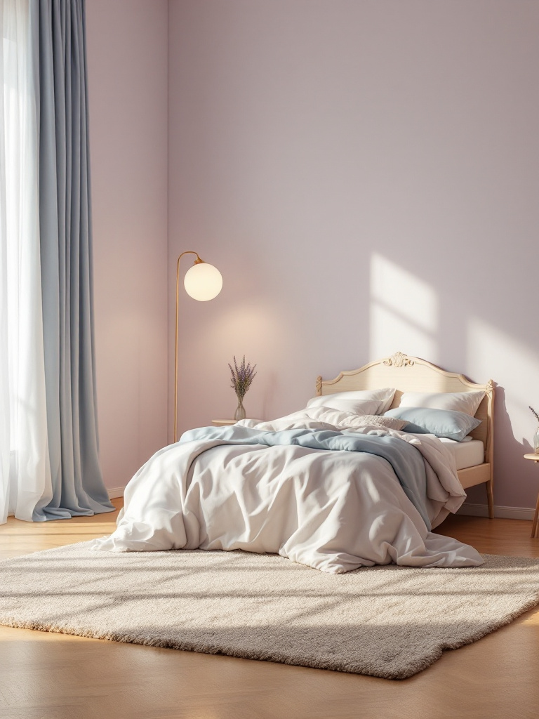 A serene bedroom featuring a palette of sleep-enhancing colors like light blue, pale lavender, and soft beige.