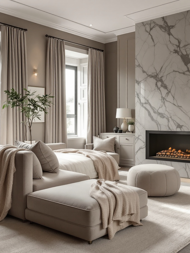 An elegant bedroom design featuring a blend of neutral shades, including taupe, ivory, and soft grey.