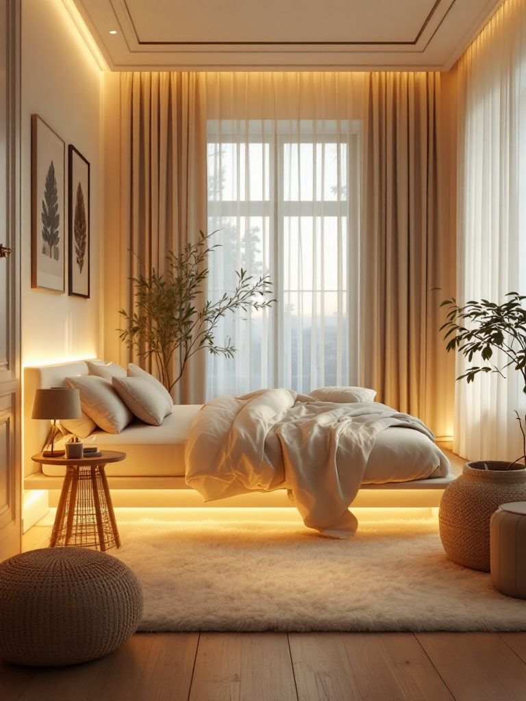 A softly lit bedroom with warm, ambient lighting casting a gentle glow over the space.