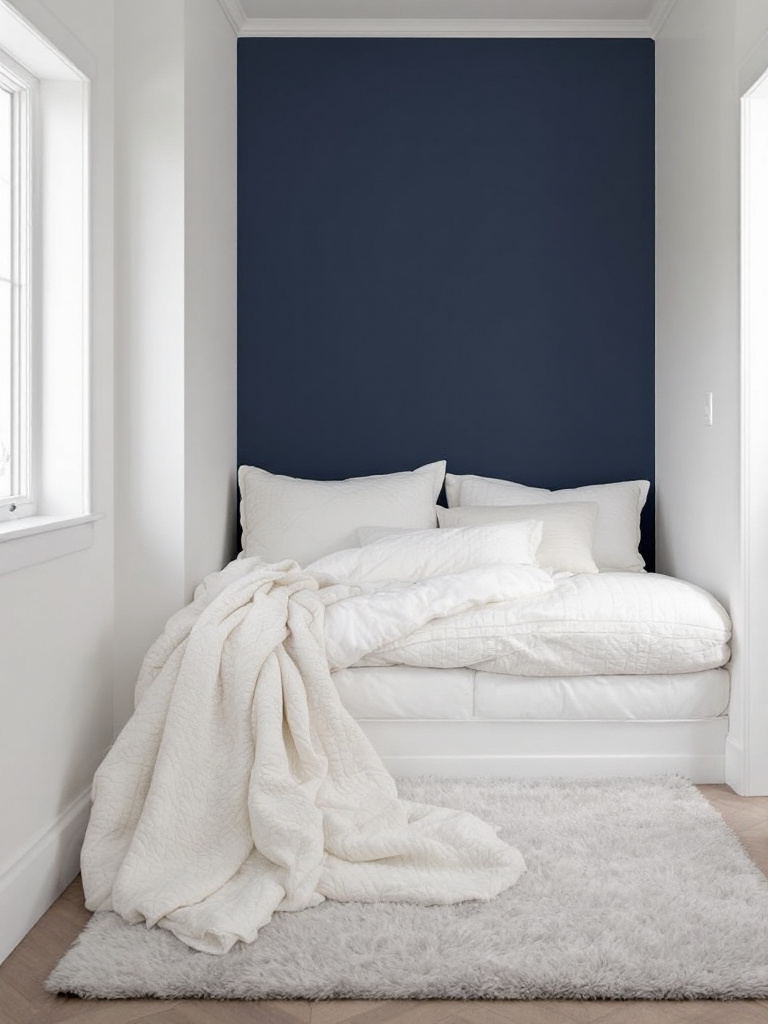 A small cozy bedroom styled with a deep navy accent wall that provides a striking contrast to the light white walls around it. 