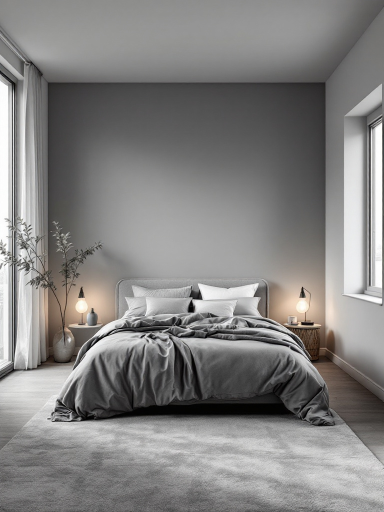 A cozy bedroom designed with a monochrome palette, featuring different shades of soft grey that create a smooth and unified look. 