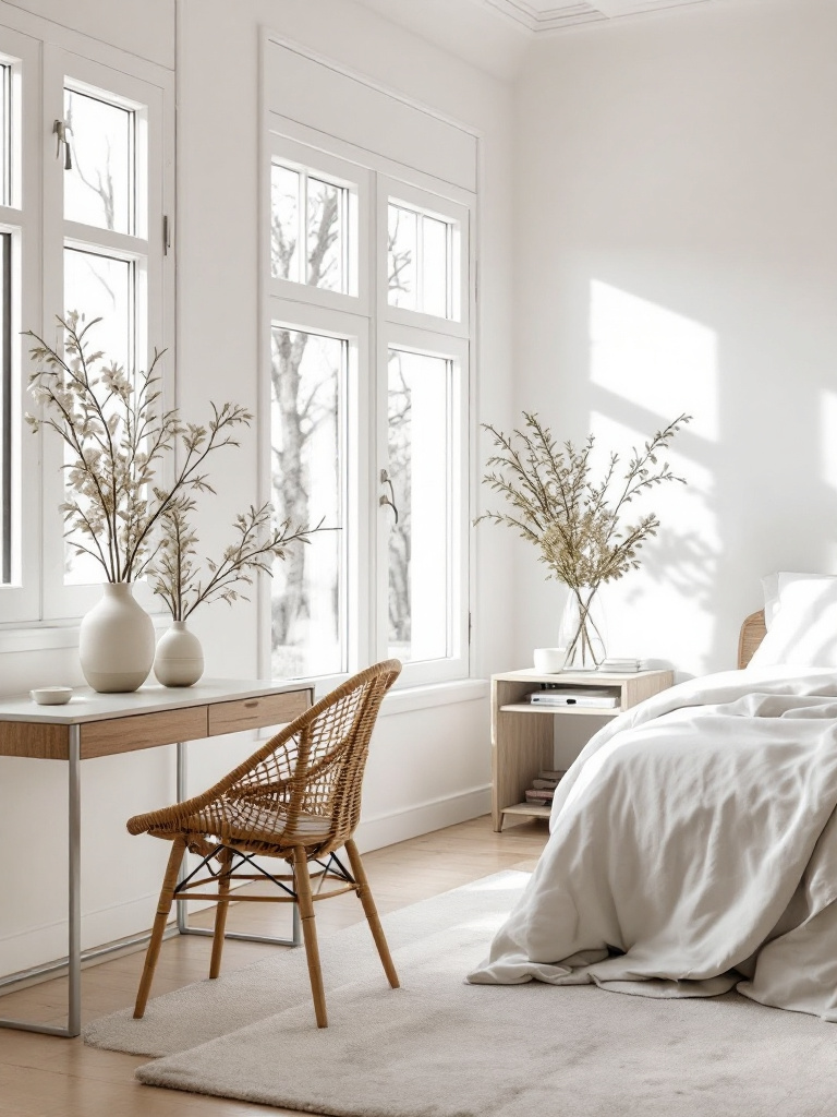 A modern small bedroom designed with crisp white walls and light neutral tones, chosen to enhance the feeling of space.
