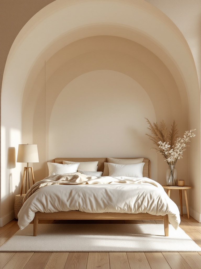 A cozy bedroom styled with layers of beige hues, from the walls to the ceiling, that create a soft, textured effect. 