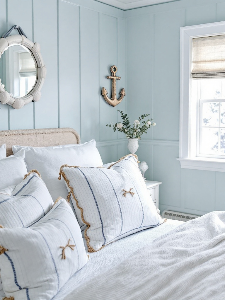 A restful bedroom with soft blue walls and crisp white accents