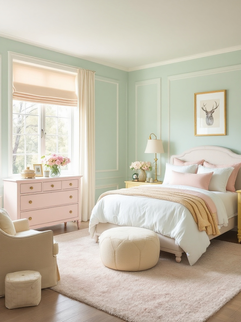A cozy bedroom with a dreamy mix of pastels, featuring shades of mint green, soft yellow, and pale pink. 