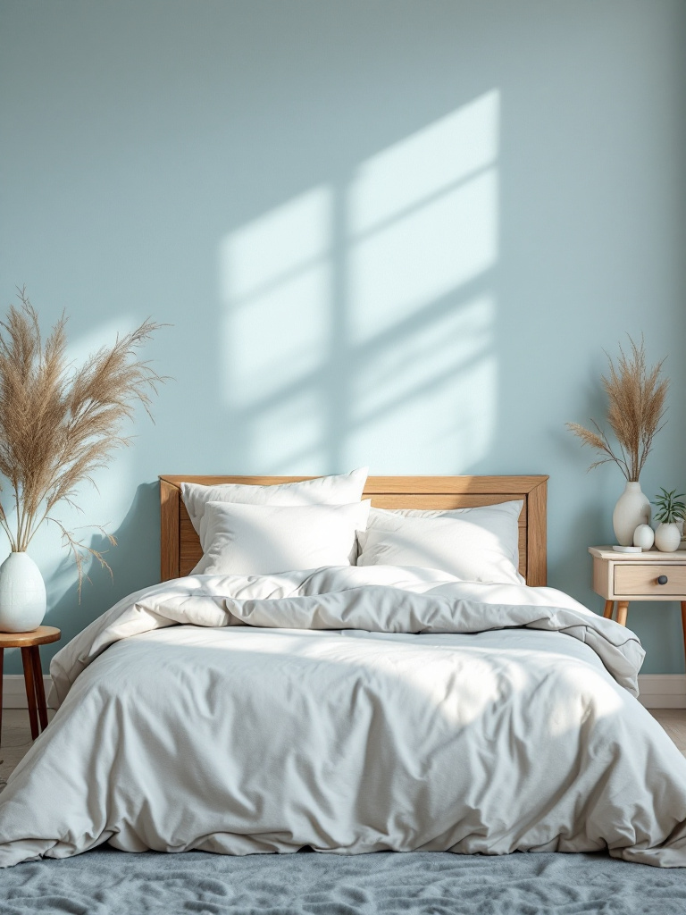 A tranquil bedroom with walls painted in a light blue shade, creating a soft and soothing atmosphere. The gentle blue tone acts like a calming melody, perfect for helping you drift off to sleep. Paired with neutral bedding and simple decor, the space feels serene and inviting, designed to lull you into a restful night’s rest.