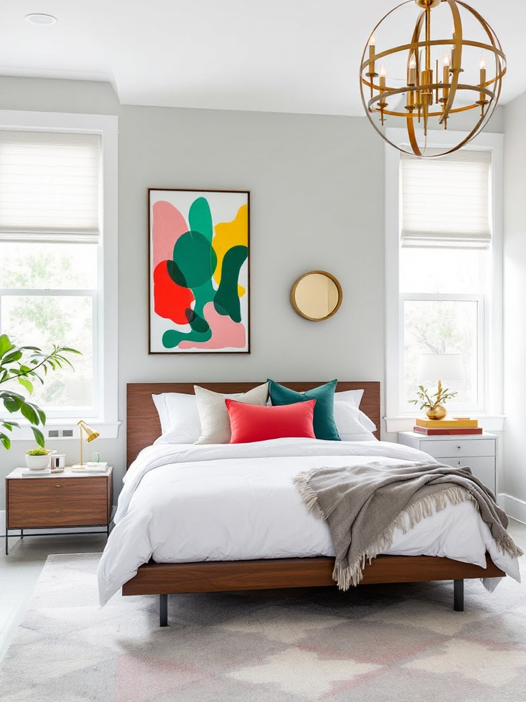 A contemporary bedroom with pale gray walls that set the stage for pops of color in the decor, making each piece stand out like a work of art. 