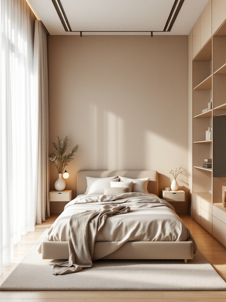 A modern bedroom with a monochrome design, featuring a range of taupe and beige shades that blend seamlessly. 