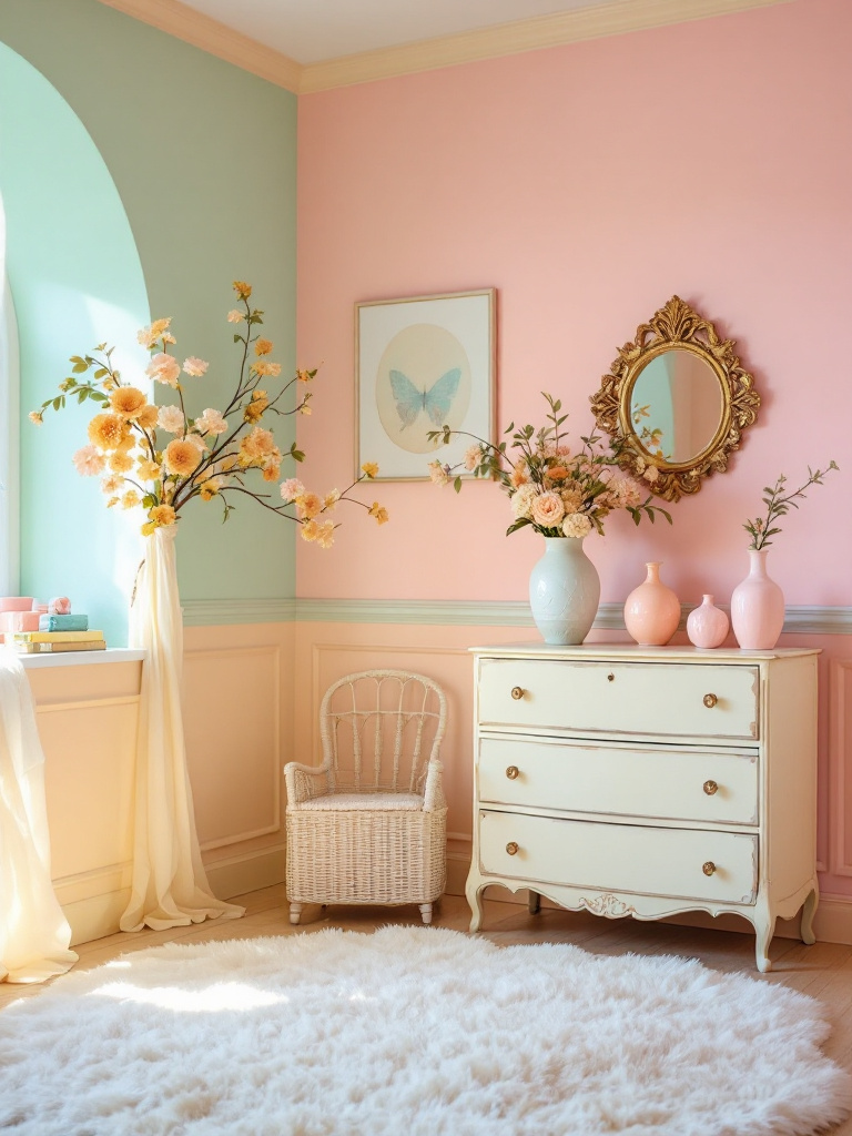 A whimsical bedroom with a mix of pastel colors like mint green, pale pink, and soft yellow, creating a playful and eclectic atmosphere. 