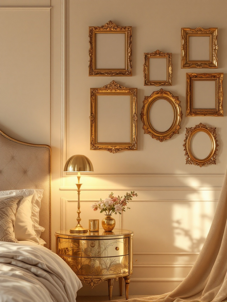 A stylish bedroom with soft beige walls, decorated with brass picture frames and a sleek gold-leafed side table.