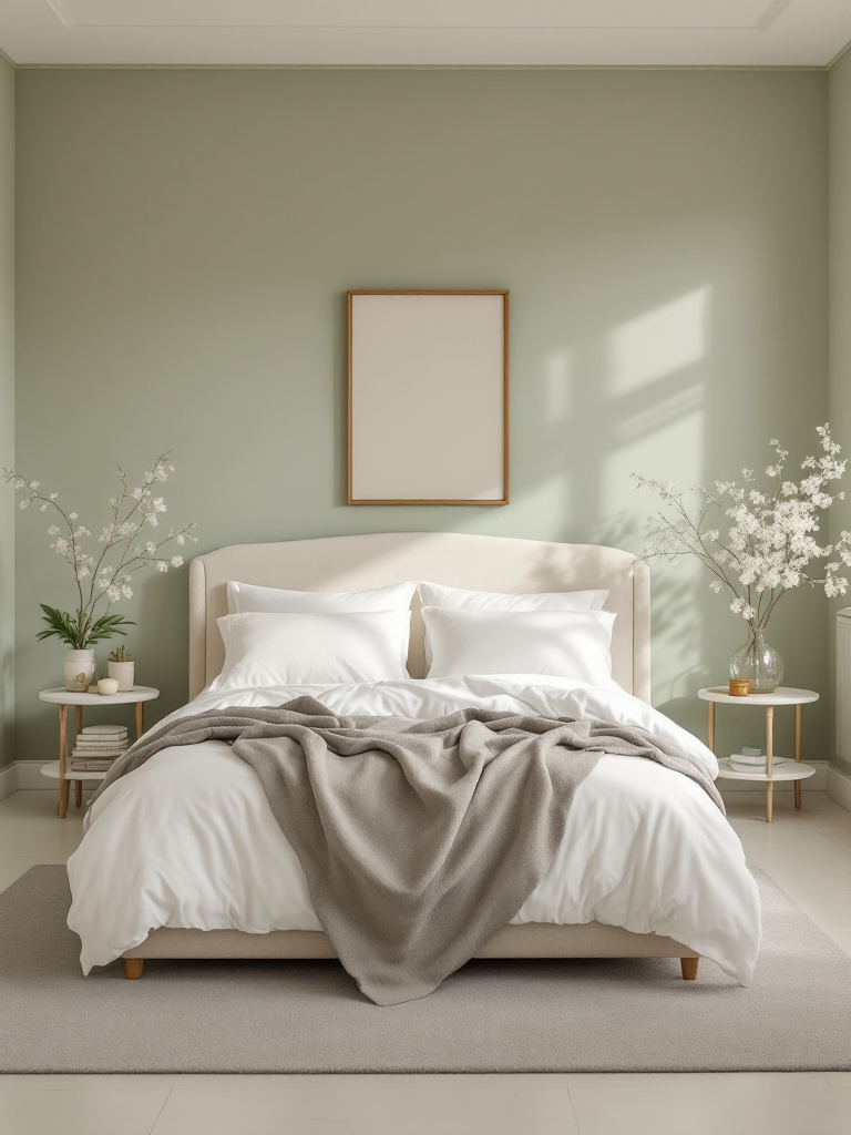 An elegant bedroom featuring a palette of calming colors such as light sage green and soft beige, turning the space into a serene sanctuary. 