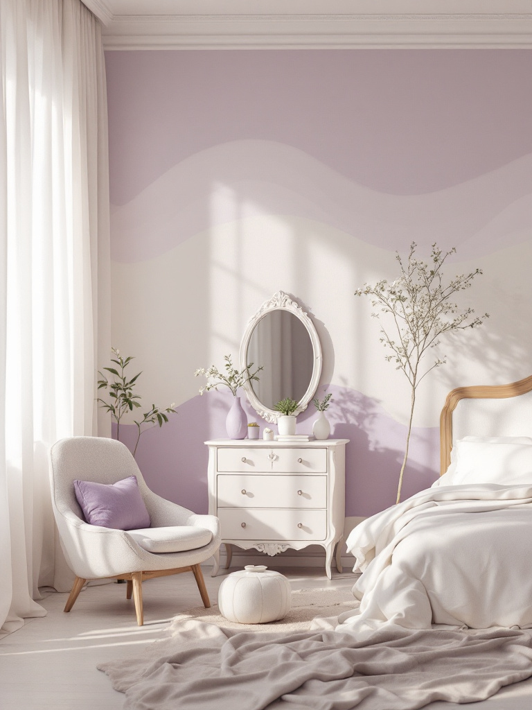 A peaceful bedroom with walls painted in calming shades of lavender and creamy white, designed to evoke a sense of serenity and balance. 