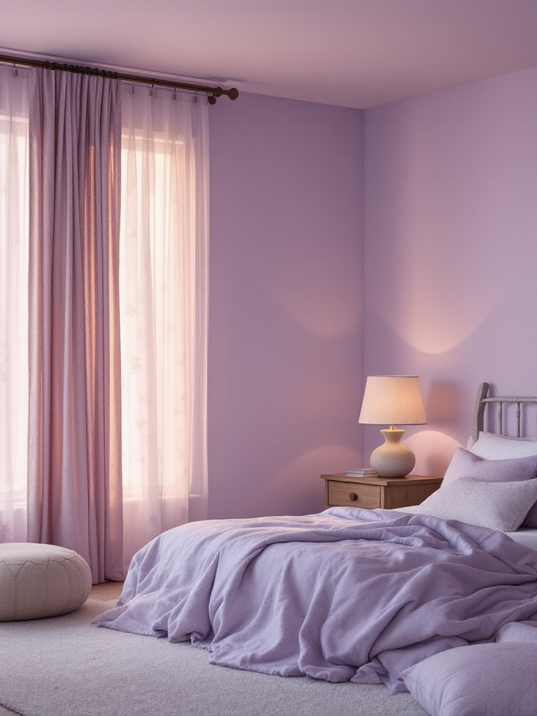 A cozy bedroom designed with walls in a calming lavender shade that mirrors the soothing hues of twilight in an Alaskan summer. 
