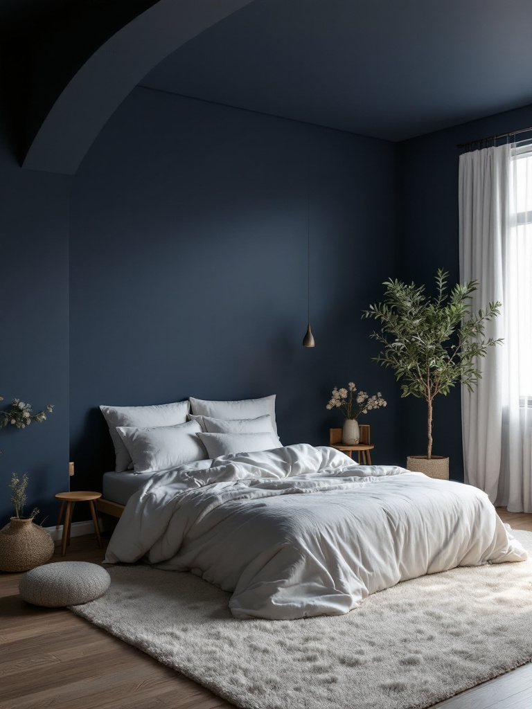 A cozy bedroom with walls painted in a deep navy blue, evoking the calming depths of the ocean and the star-studded night sky. T