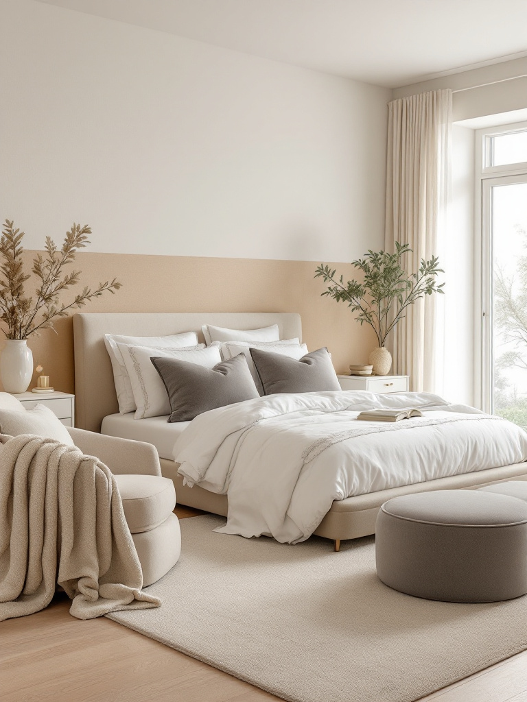 An elegant bedroom featuring walls in different shades of beige and cream, creating a soothing and adaptable backdrop.