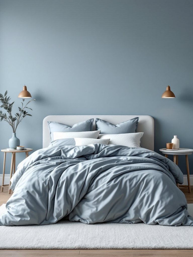 An inviting bedroom featuring cool blue walls paired with bedding in muted blue and soft grey tones.