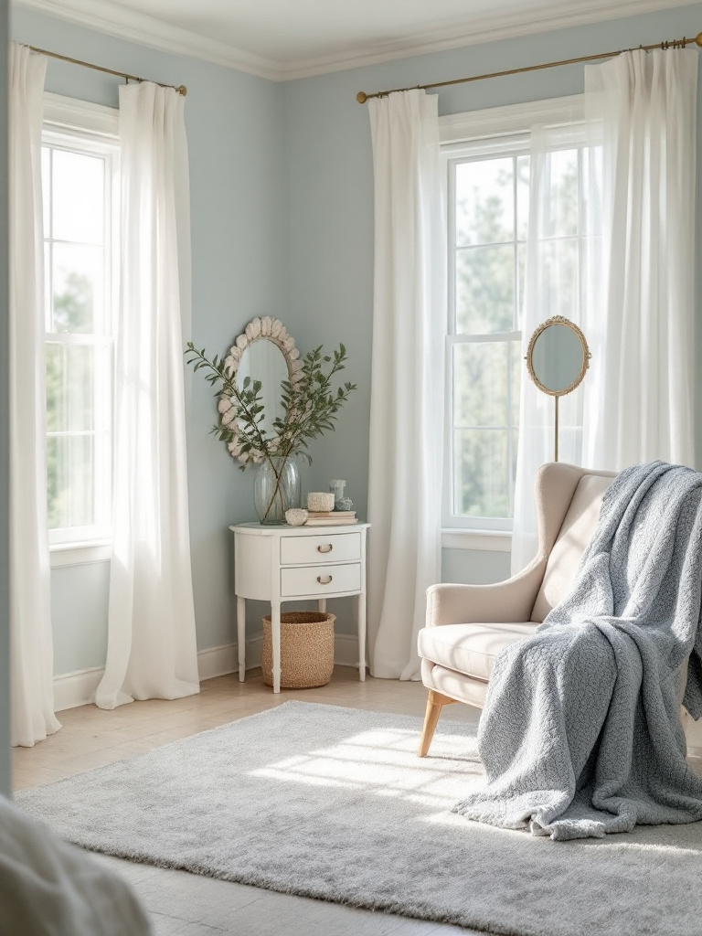 A cozy bedroom styled with calming tones of light blue and taupe, creating a sanctuary that feels serene and relaxing. 
