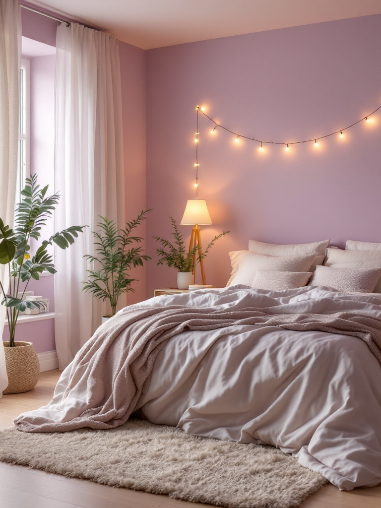 A serene bedroom with walls painted in a soft lavender hue, reminiscent of the last light of an Alaskan summer evening. 