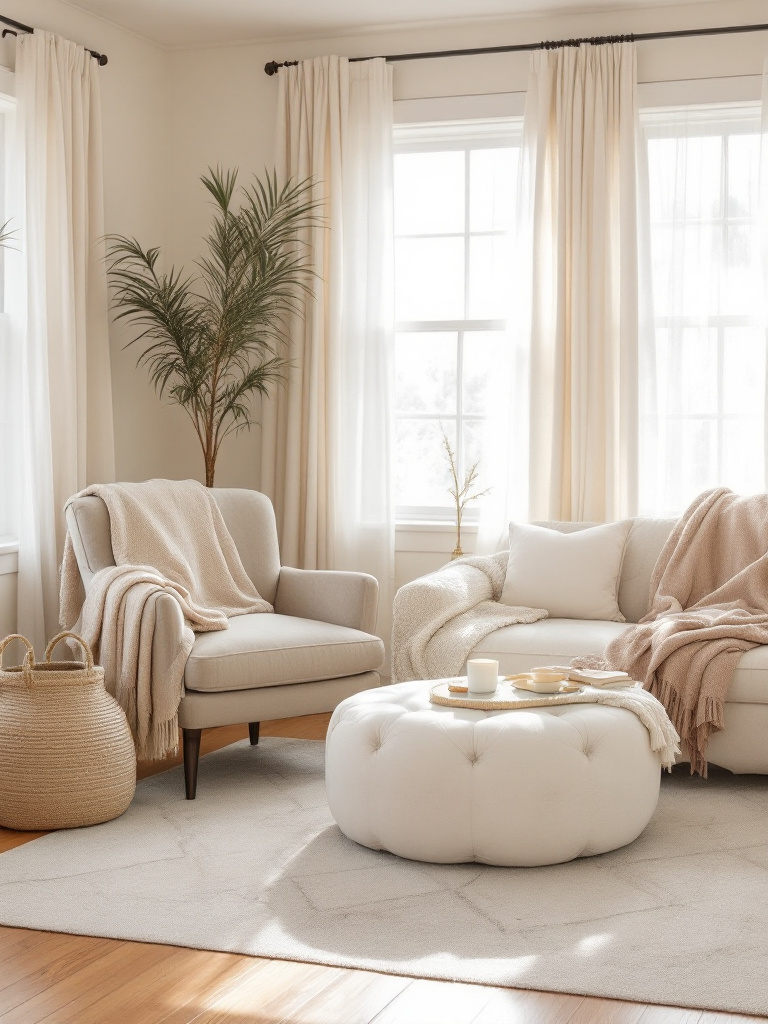 A cozy bedroom designed with a palette of beige and cream tones that create a calming, versatile base. 