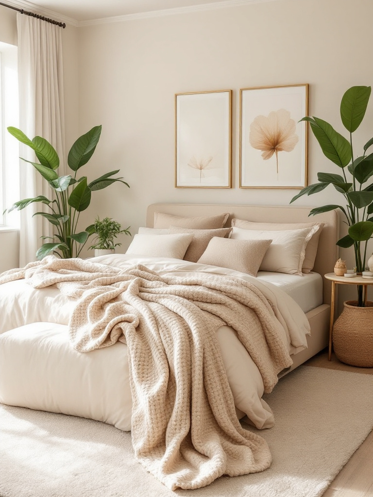 An inviting bedroom featuring a blend of beige and cream shades that form a serene and flexible foundation. 