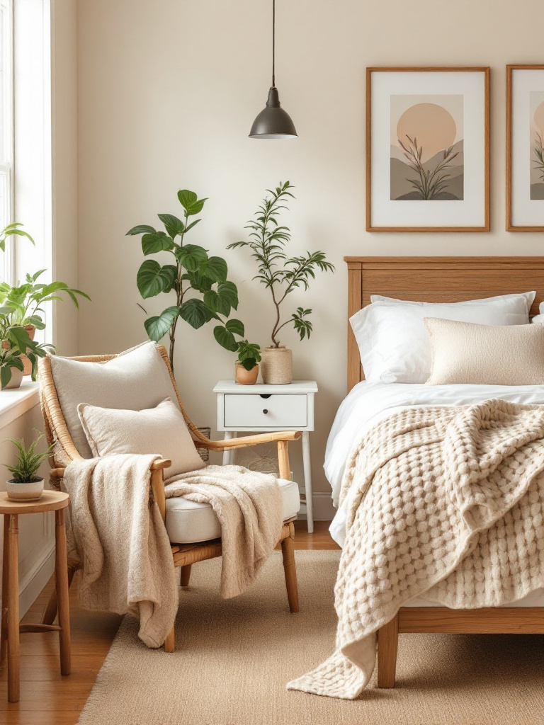 A serene bedroom styled with a harmonious blend of beige and cream hues, chosen for their calming effect and adaptability. 