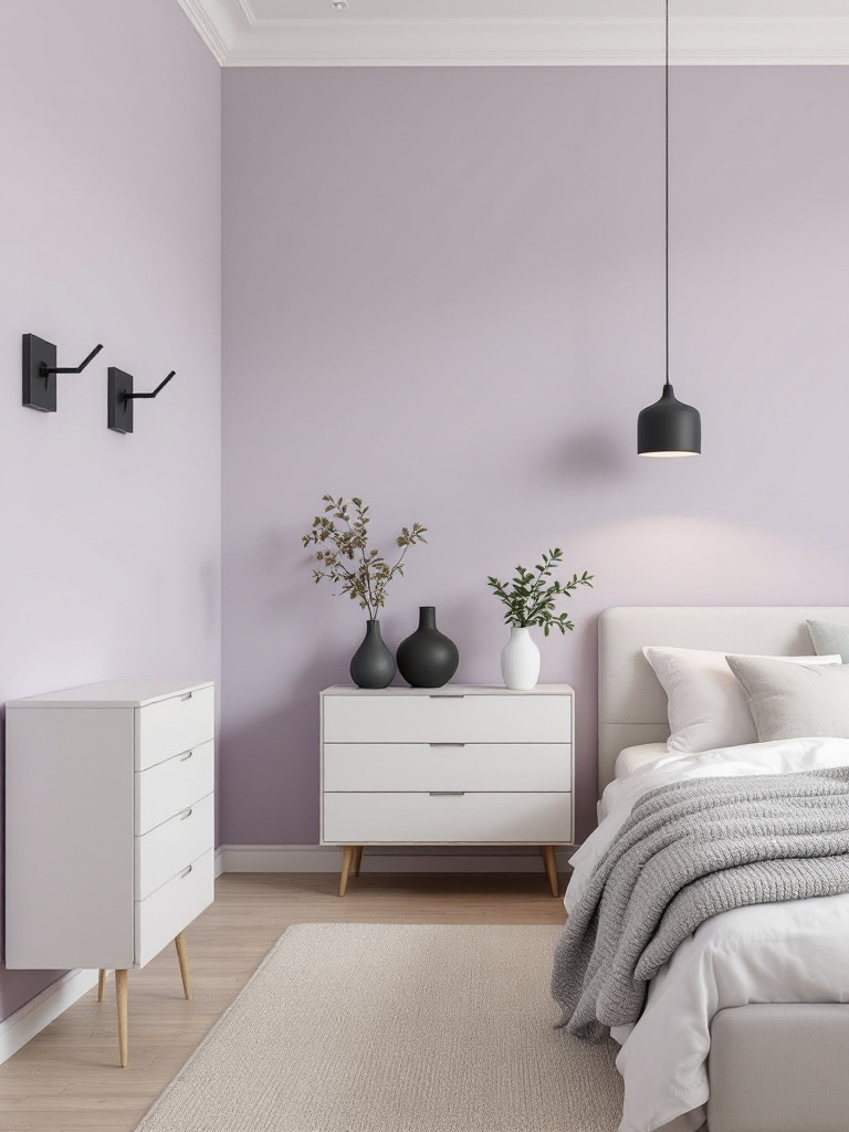 An elegant bedroom featuring the hottest shades of 2024, with walls painted in a soft, dusty lavender complemented by deep charcoal accents. 