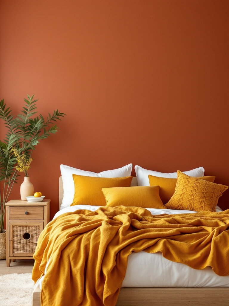 A cozy bedroom with walls painted in a rich terracotta shade, like the smooth vocals of a soul singer – warm, inviting, and full of character. 