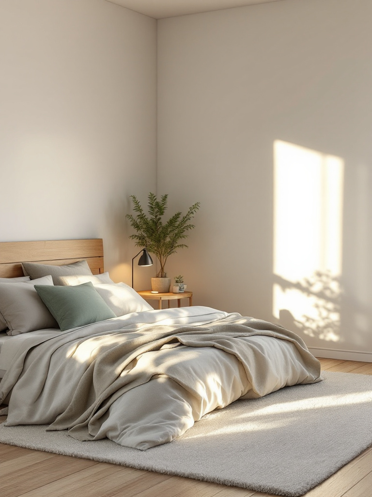 A peaceful bedroom with soft, warm lighting that creates a calming and intimate atmosphere.
