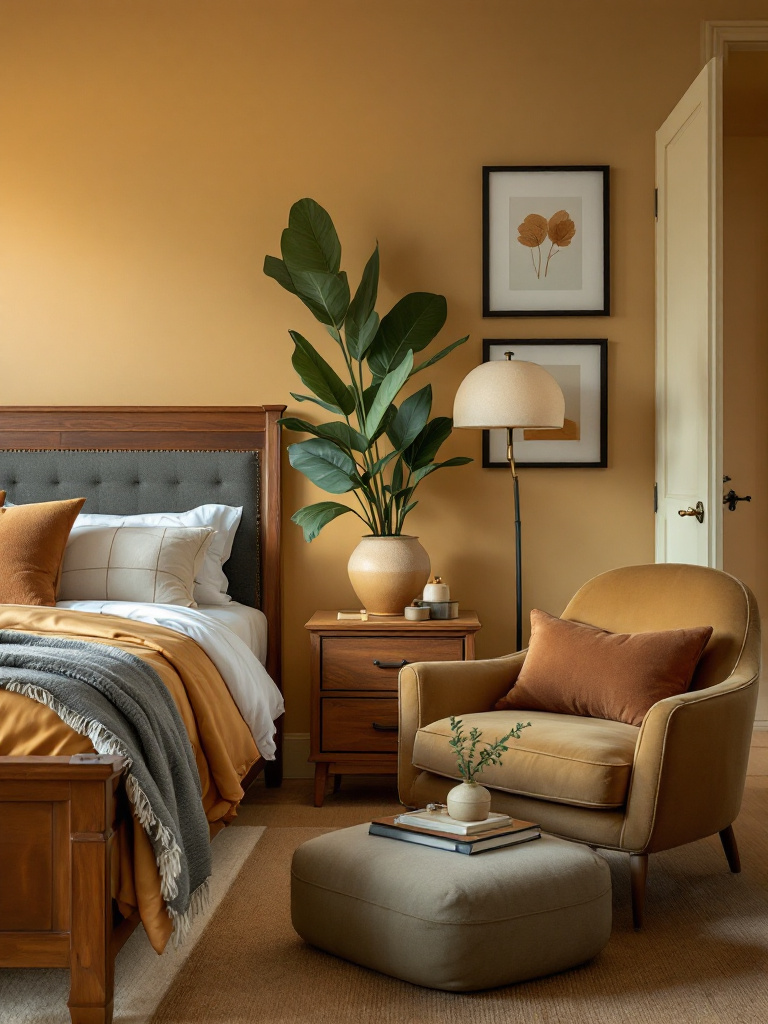 An inviting bedroom featuring the 2024 trend of using rich caramel tones combined with muted olive green. 