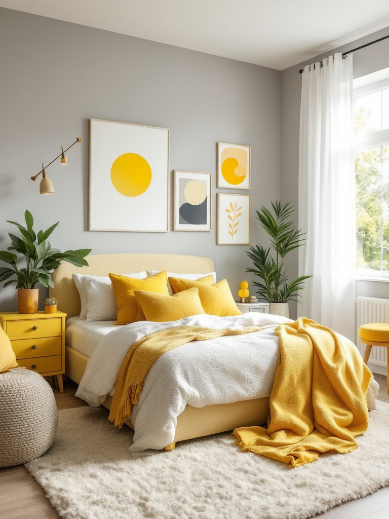 A stylish bedroom with soft gray walls accented by pops of vibrant yellow, creating a lively yet balanced atmosphere. 