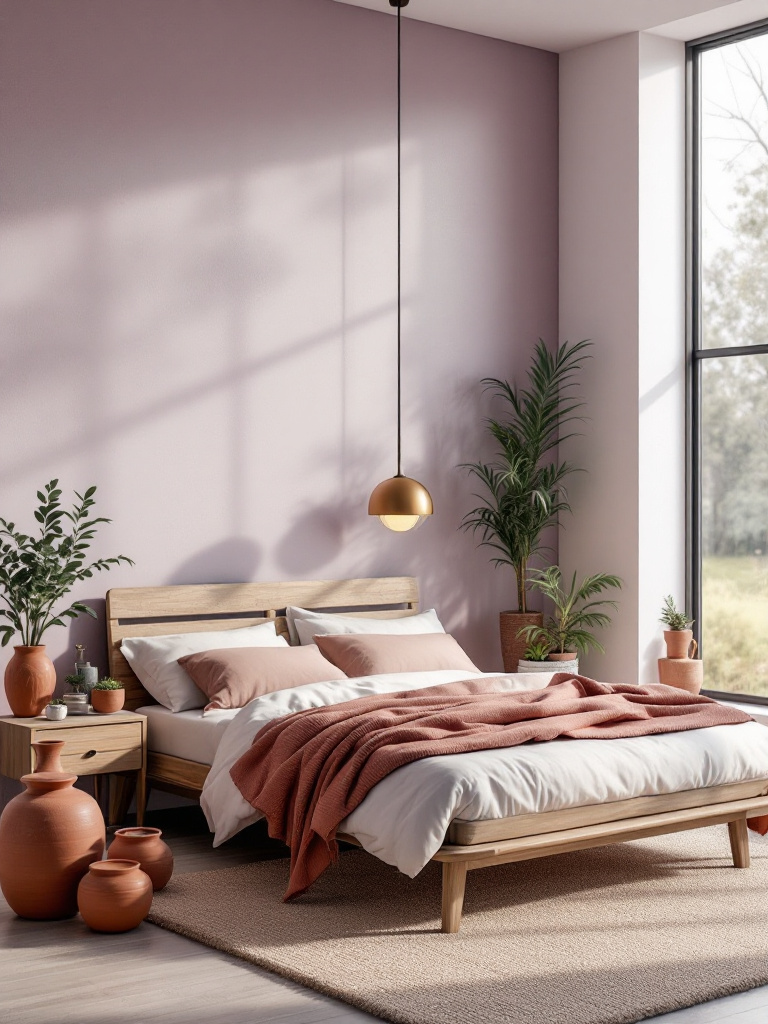 A modern bedroom featuring the top color trends for 2024, with walls painted in a calming shade of digital lavender.
