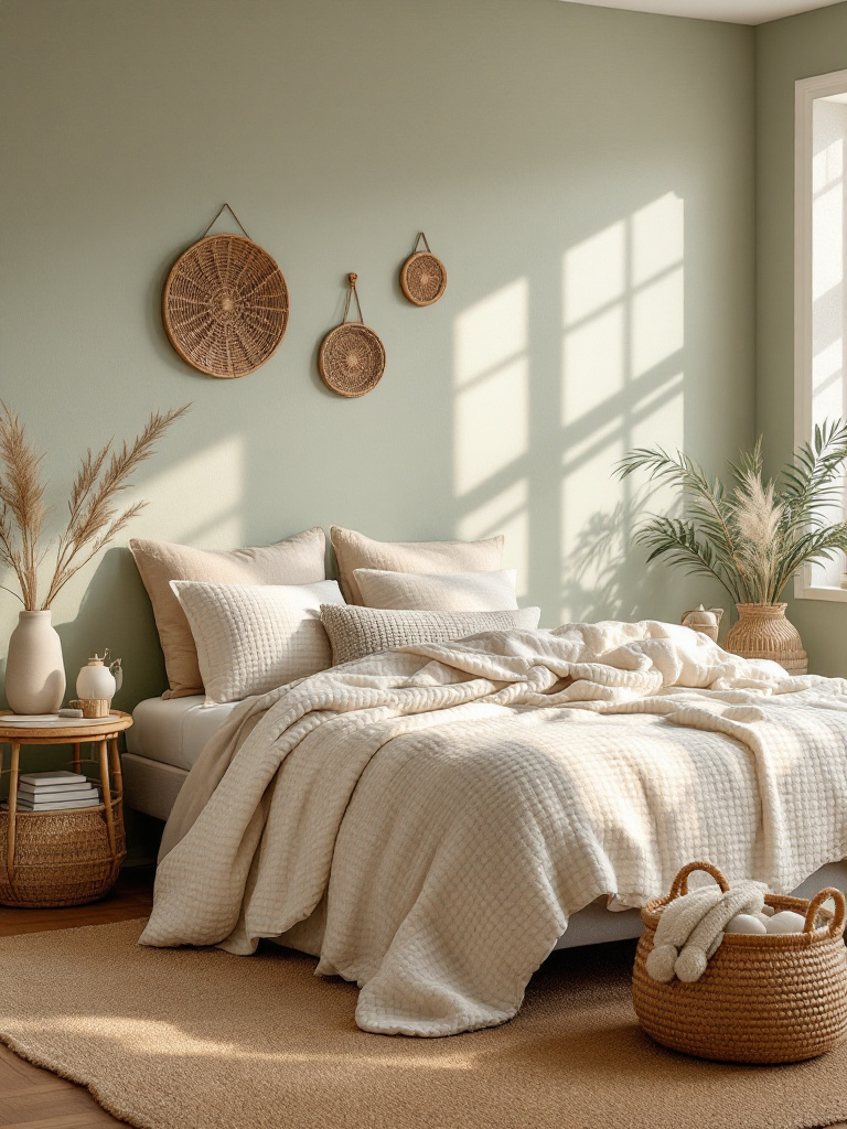 A cozy bedroom with walls painted in sage green, creating a calming and versatile backdrop that's as soothing as an acoustic guitar melody. 