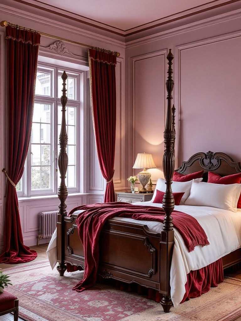 An inviting bedroom with walls in a soft lavender hue, accented by rich burgundy details that add a layer of depth and elegance. 