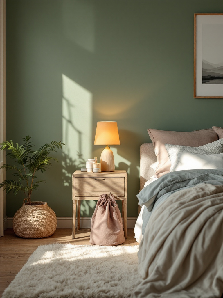 An inviting bedroom with soft green walls and a warm orange lamp placed on a side table, adding a touch of brightness to the space.