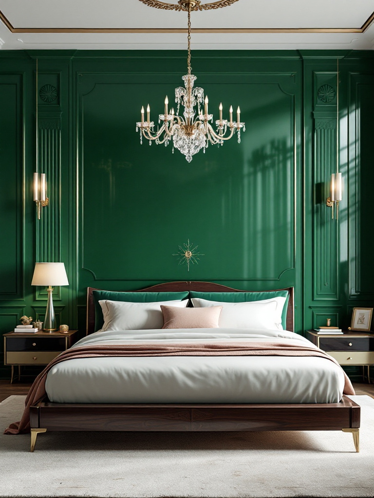 An elegant bedroom featuring a rich, emerald green wall that sets the stage for a sleek, modern bed frame. 