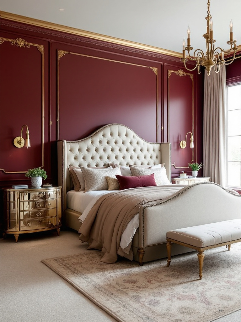 An elegant bedroom featuring a rich shade of deep burgundy on the walls, adding a touch of drama and sophistication.