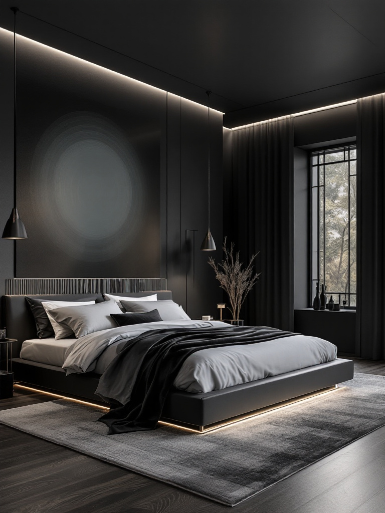 A modern bedroom with sleek charcoal gray walls that create a bold, sophisticated vibe. 