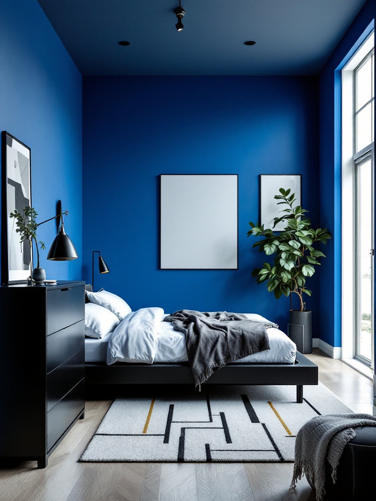 A stylish bedroom featuring electric blue walls that bring an energetic, modern touch to the space. 