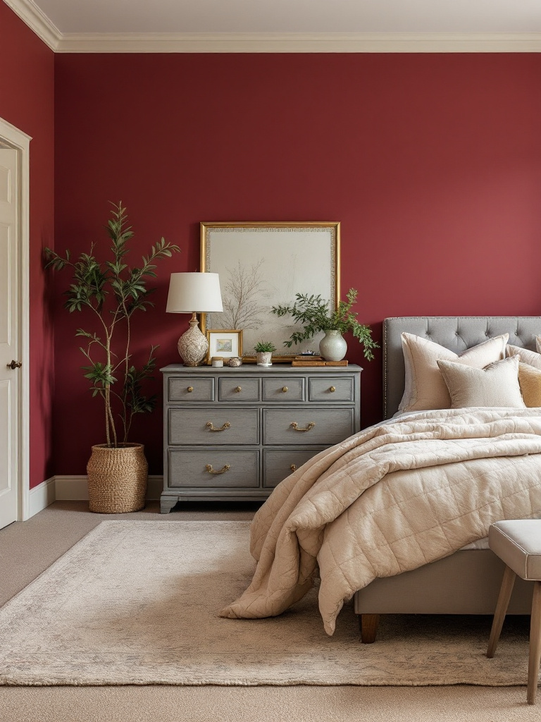 A cozy bedroom with walls painted in a daring burgundy shade that serves as the perfect canvas to highlight a vintage dresser or unique decor piece. 