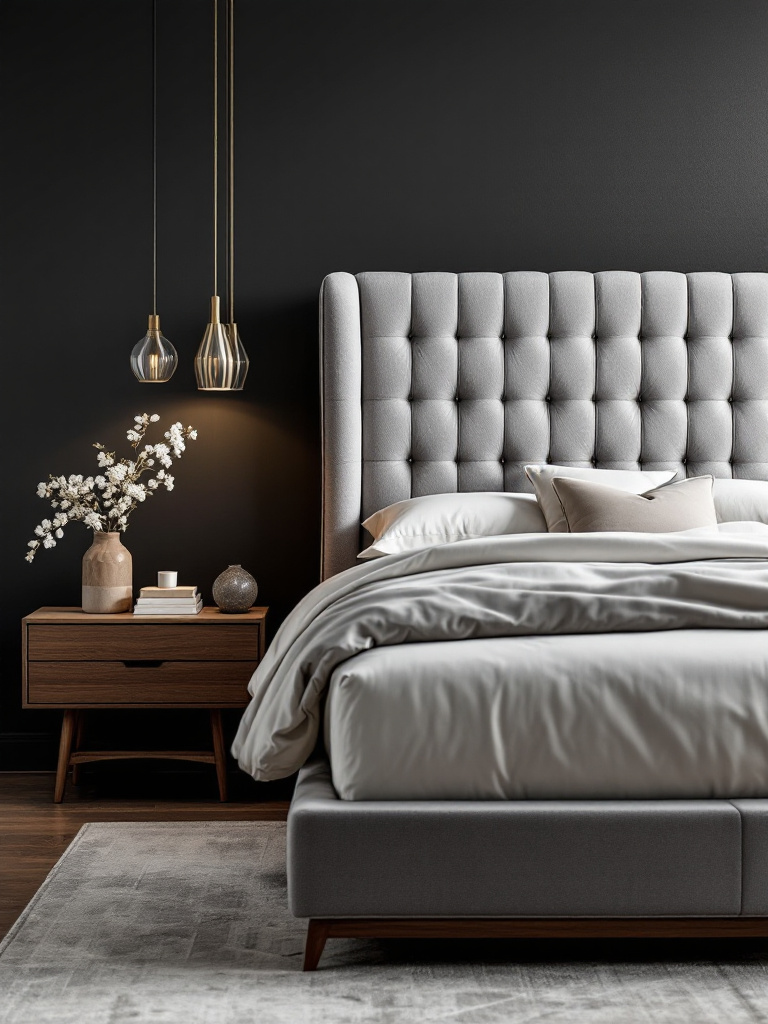 A modern bedroom designed with a striking charcoal grey feature wall that directs attention to an elegant, tufted headboard. 