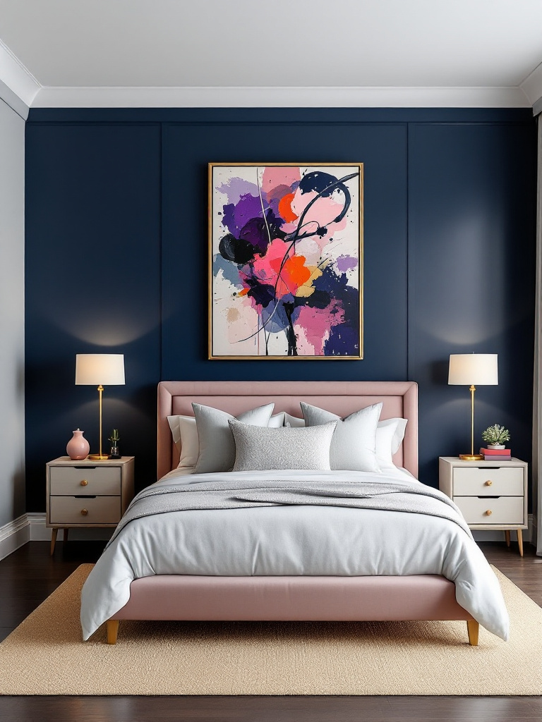 A stylish bedroom with a bold navy blue accent wall that acts like the perfect backdrop, highlighting a statement piece of artwork above the bed. 