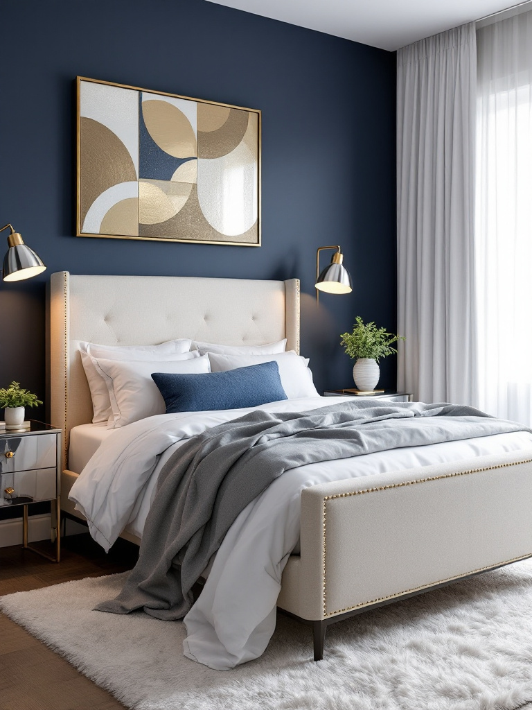 A modern bedroom with a bold navy blue feature wall that adds depth and intensity to the room. 