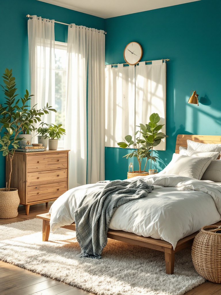 An inviting bedroom with walls painted in a daring shade of teal, creating a bold and dynamic look. 