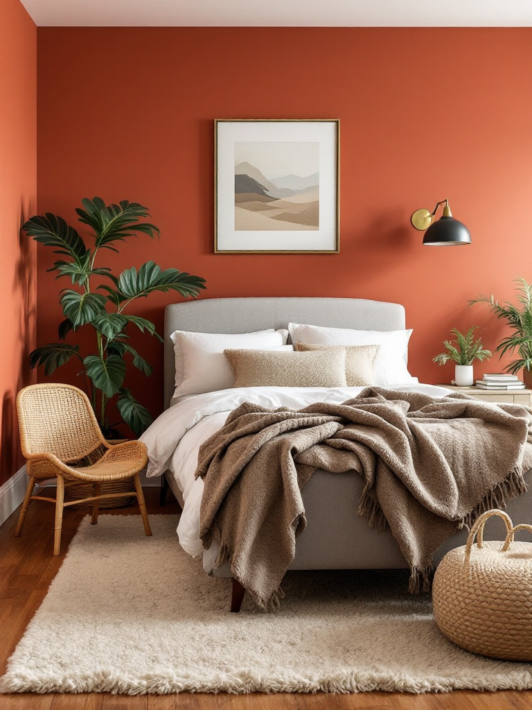A vibrant bedroom styled with a bold terracotta paint color that brings warmth and character to the space.